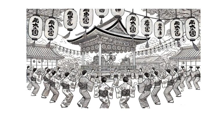 盆踊りの風景の塗り絵イラスト