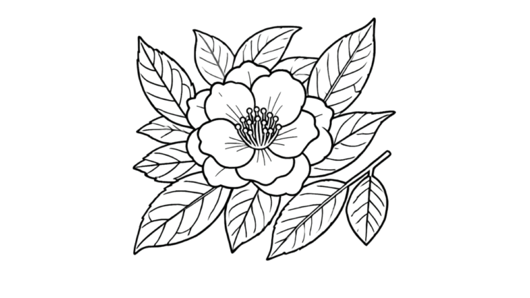 サザンカの花の塗り絵イラスト
