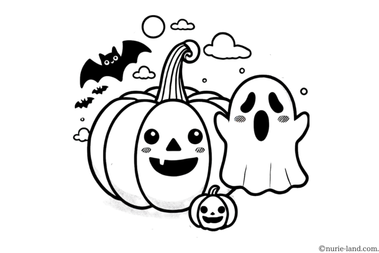 カボチャ・お化け・コウモリの塗り絵イラスト
