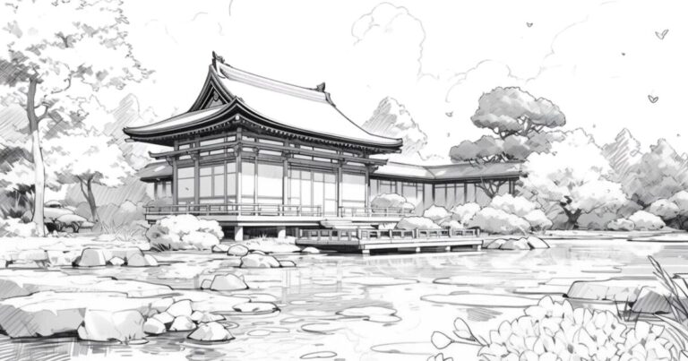 兼六園、日本風景の塗り絵イラスト