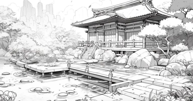 兼六園、日本風景の塗り絵イラスト
