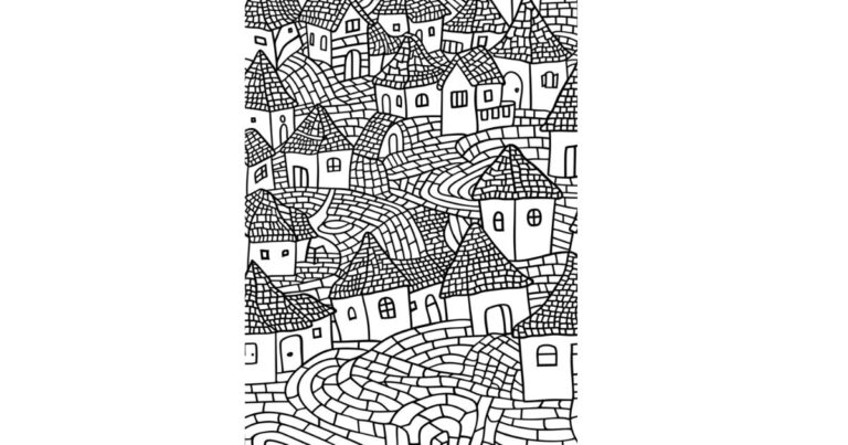 町の塗り絵イラスト 白黒(無料・印刷用)