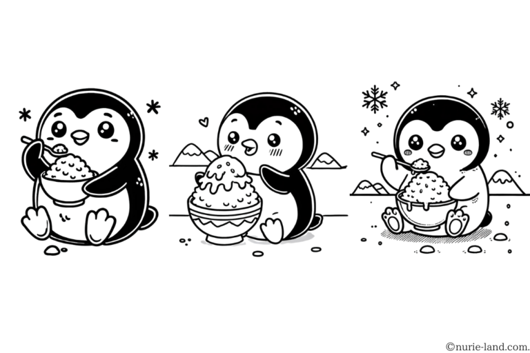 かき氷を食べるペンギンの塗り絵イラスト 白黒（無料・印刷用）