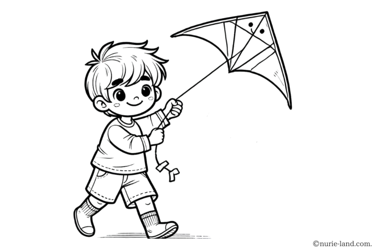 Kite flying coloring page - black and white printable