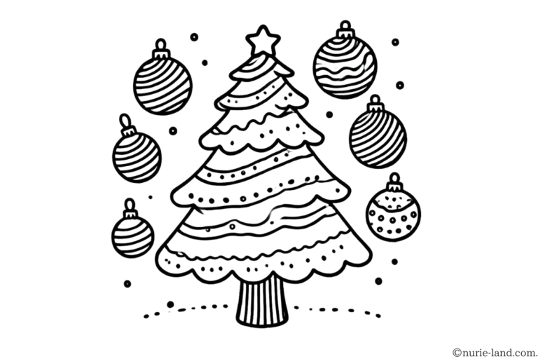 クリスマスツリーとオーナメントボールの塗り絵イラスト 白黒(無料・印刷用)