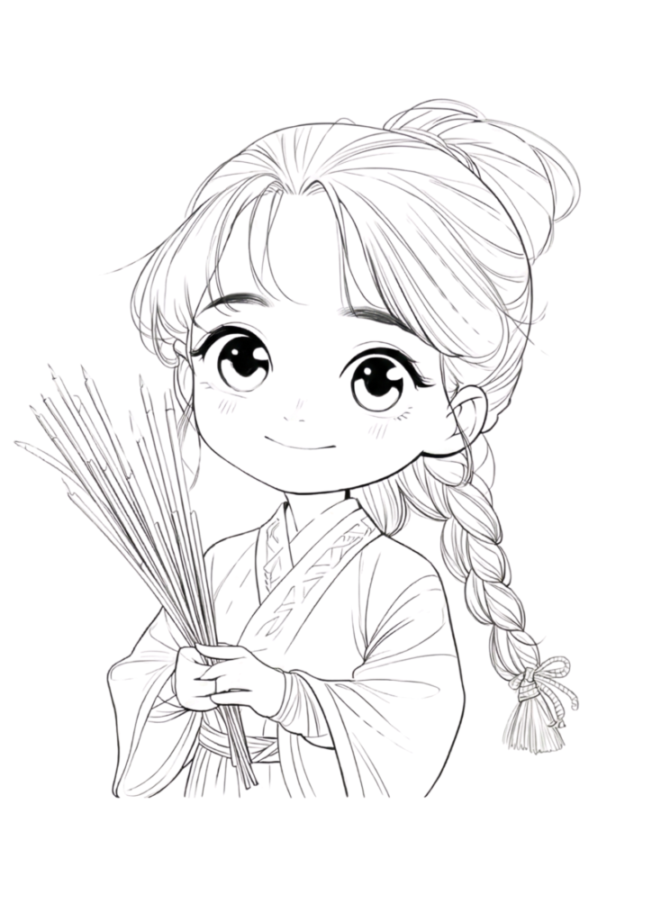 可愛いアジアの女の子白黒塗り絵線画