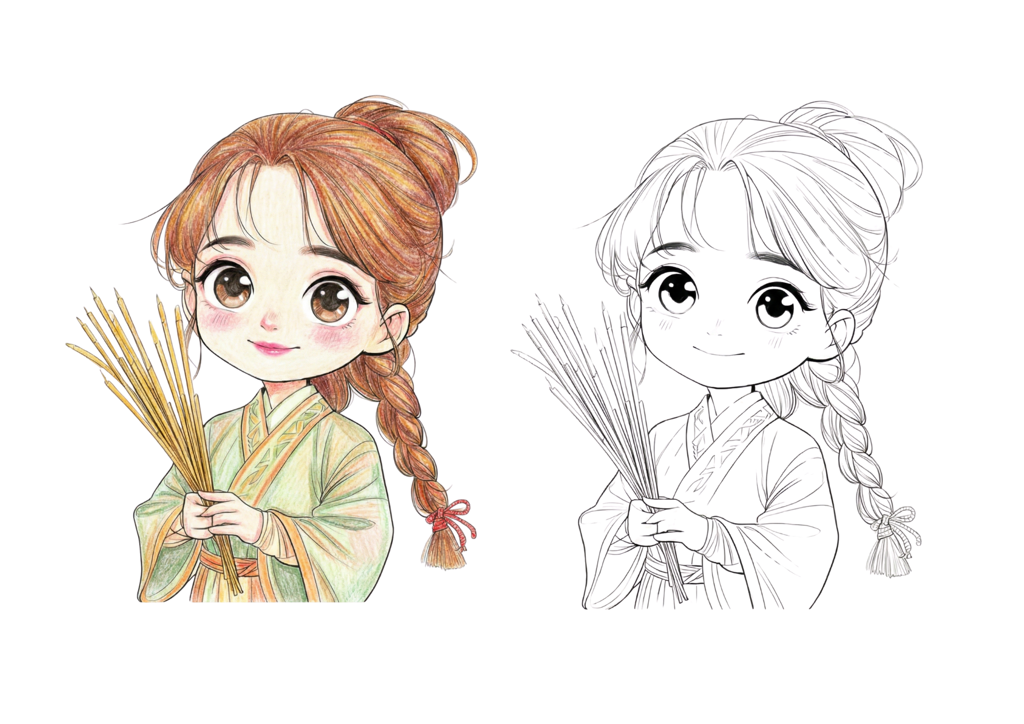 可愛いアジアの女の子の塗り絵和装イラスト無料ダウンロード素材