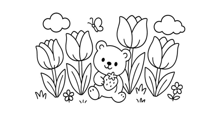 Teddy bear, butterfly and tulips coloring page - black and white printable