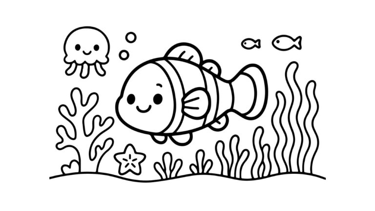 クマノミとクラゲの塗り絵イラスト 白黒（無料・印刷用）