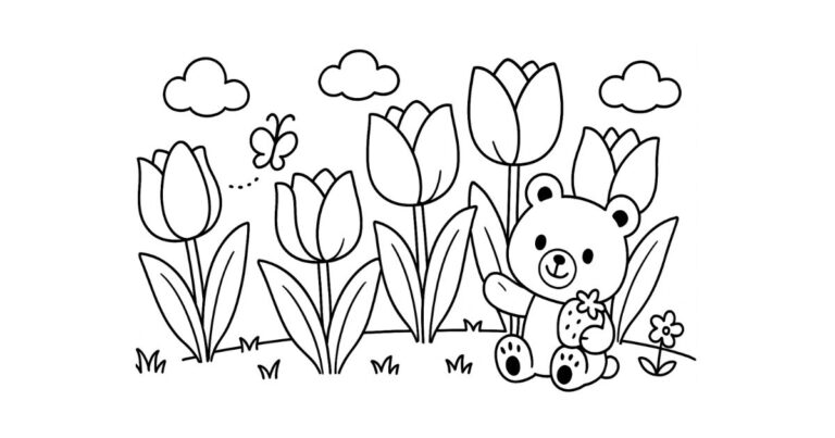 チューリップ畑の塗り絵イラスト 白黒(無料・印刷用)