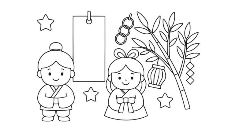 七夕の塗り絵イラスト 白黒（無料・印刷用）