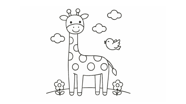 Giraffe and little bird coloring page - black and white printable