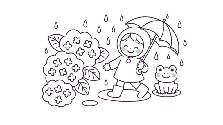 梅雨の塗り絵イラスト 白黒（無料・印刷用）