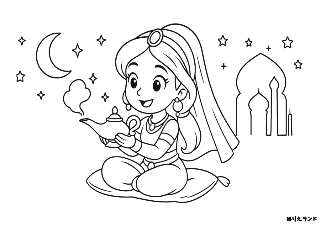 プリンセス塗り絵｜幼児が喜ぶ！かわいいアラビアンぬりえ素材【無料】