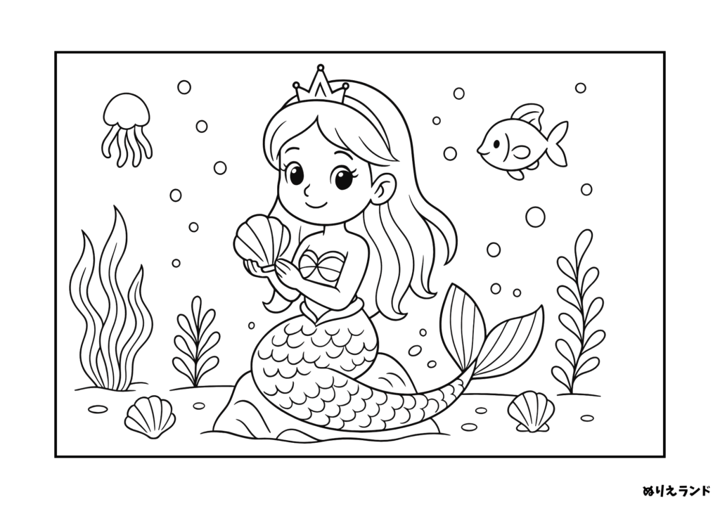 かわいい人魚プリンセスと海の塗り絵【幼児向け】｜無料ダウンロード