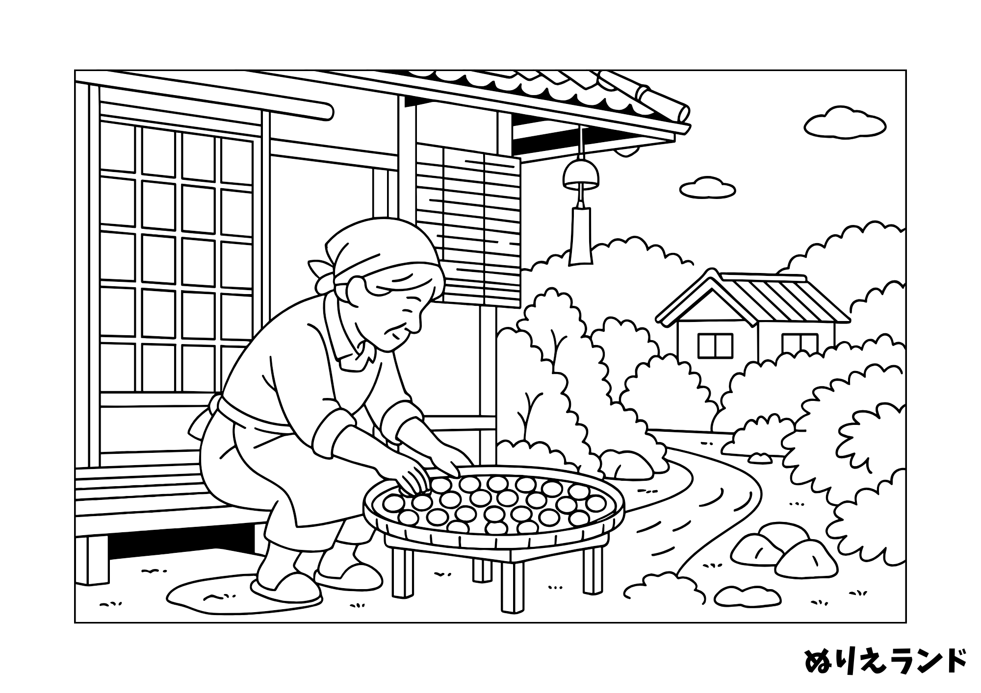 高齢者 塗り絵｜梅干しを干すおばあさん【見本付き・無料ダウンロード】