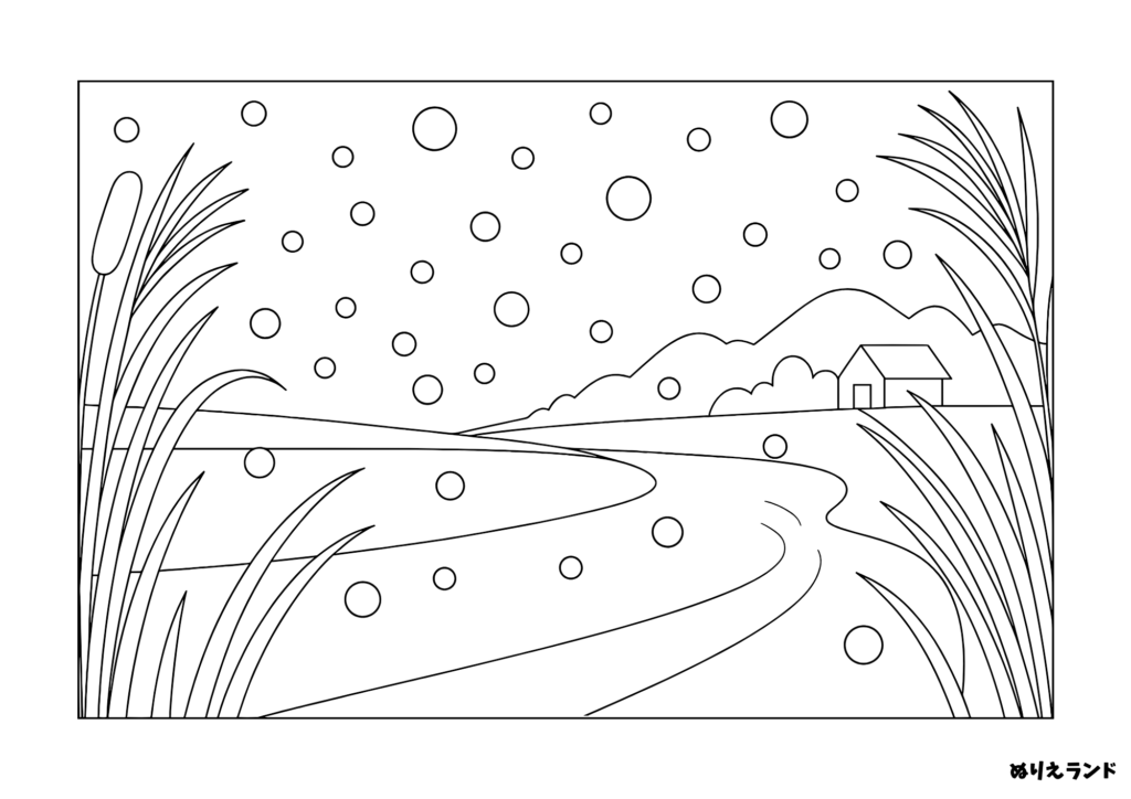 高齢者向け塗り絵｜蛍の光と川辺の風景（6月）無料ダウンロード