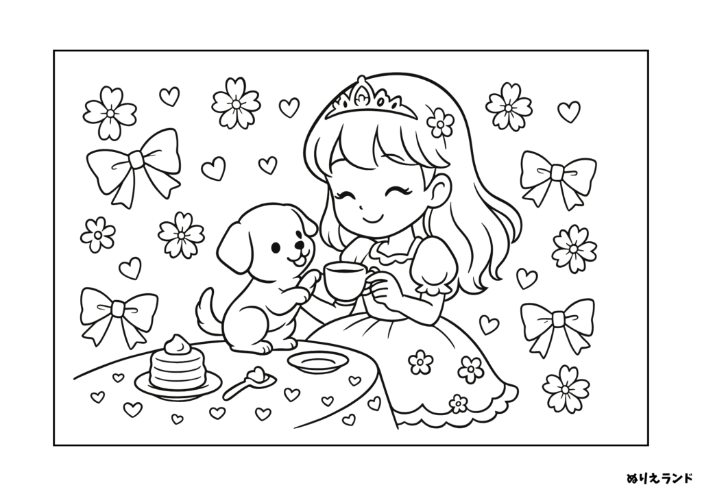 子犬とティーパーティーするプリンセスぬりえ【幼児向け】｜無料ダウンロード素材