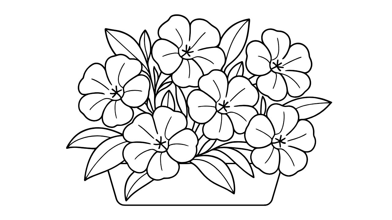 【シンプル線画】カリブラコアの咲き誇る花束ぬりえ｜高齢者におすすめ