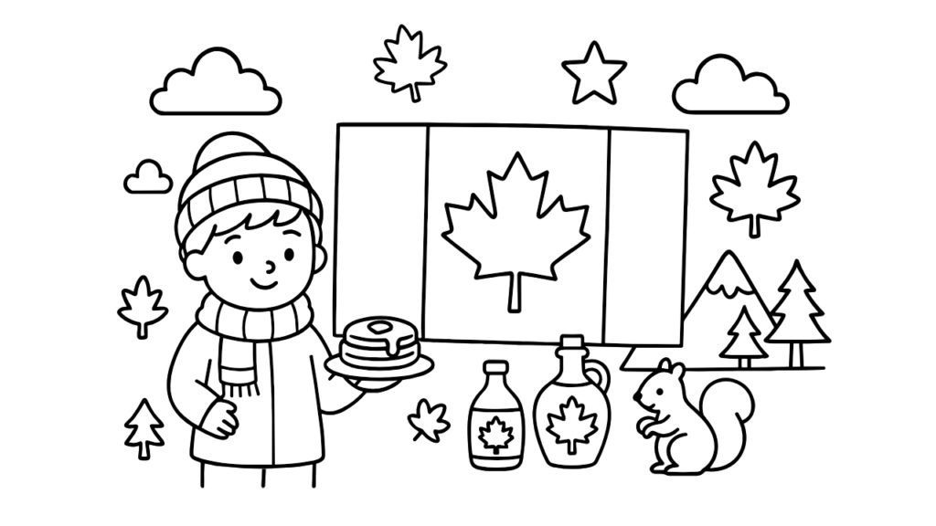 子供向け｜カナダ国旗＆ホットケーキのぬりえプリント【無料ダウンロード可】