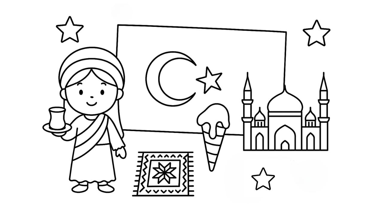 世界の国旗の塗り絵|トルコの三日月と星をぬってみよう【簡単DL】