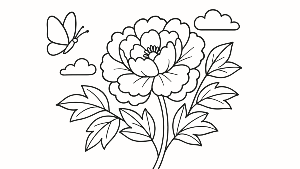 牡丹の花と蝶の塗り絵｜高齢者向け 無料ダウンロード