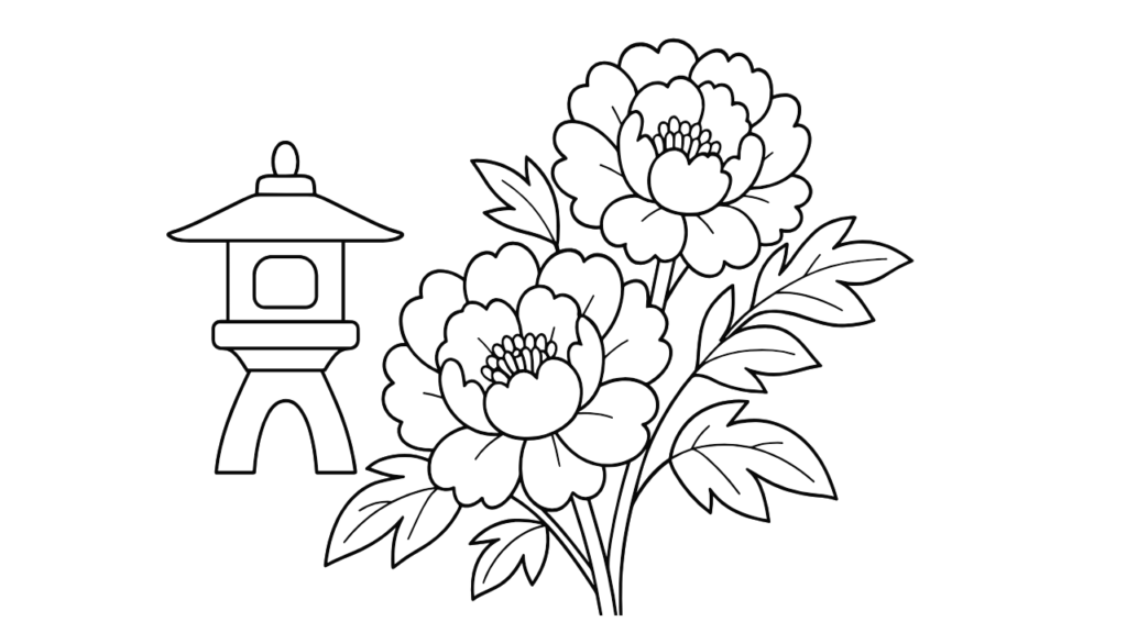 牡丹（ボタン）と石灯籠の塗り絵｜高齢者向け 無料ダウンロード