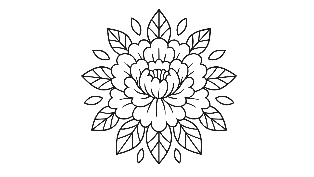 高齢者でも難しくない|やさしい曼荼羅の牡丹(ボタン)塗り絵|無料ダウンロード