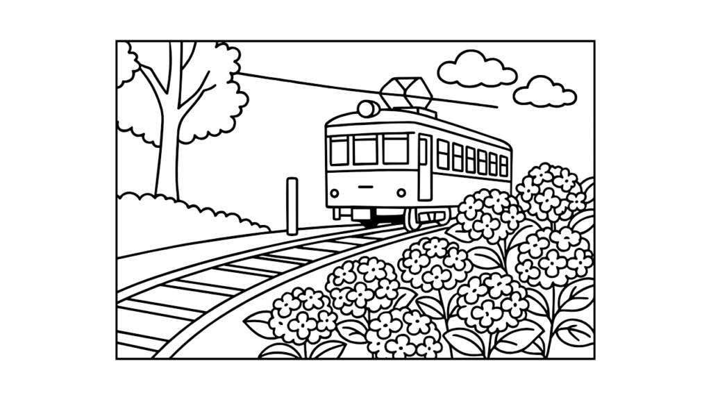 紫陽花の塗り絵｜高齢者向け無料ダウンロード素材｜電車の風景付き