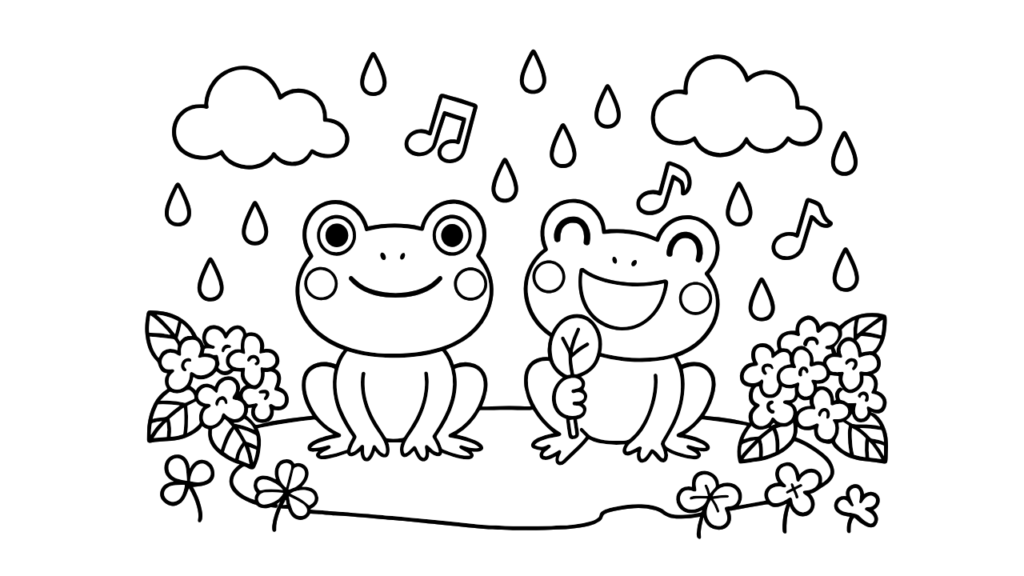 カエルのうたぬりえ｜雨の日の音楽会♪【無料ダウンロード・簡単】