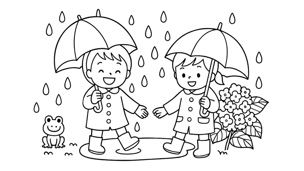 6月のぬりえ｜子どもたちの雨あそび♪傘・カエル・あじさいが登場！ 無料ダウンロードしてプリントしよう