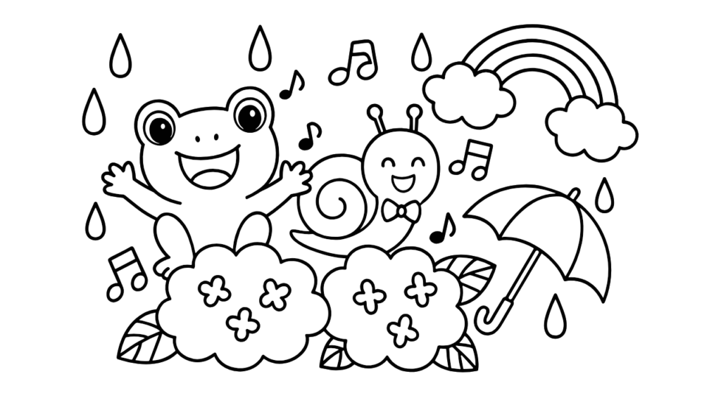 6月のぬりえ｜カエルとカタツムリの梅雨うた♪【幼児向け・無料】