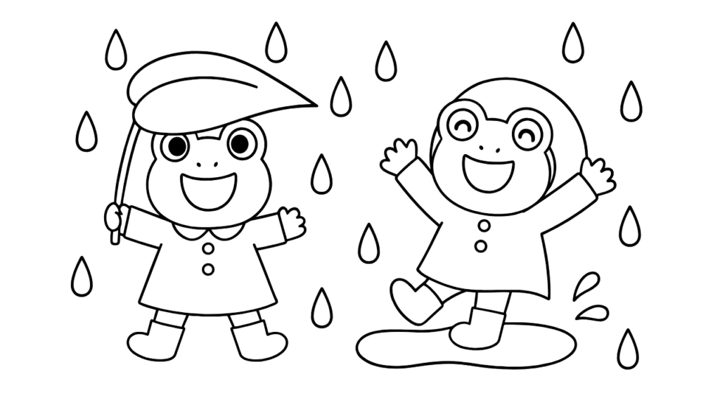 6月のぬりえ｜葉っぱ傘と水たまりジャンプ♪雨の日カエルたち【簡単ダウンロード】