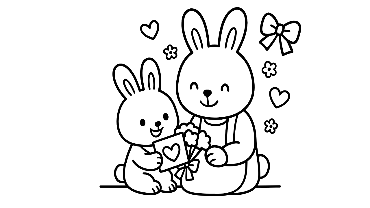 ありがとうの気もちをこめて｜うさぎの親子ぬりえ