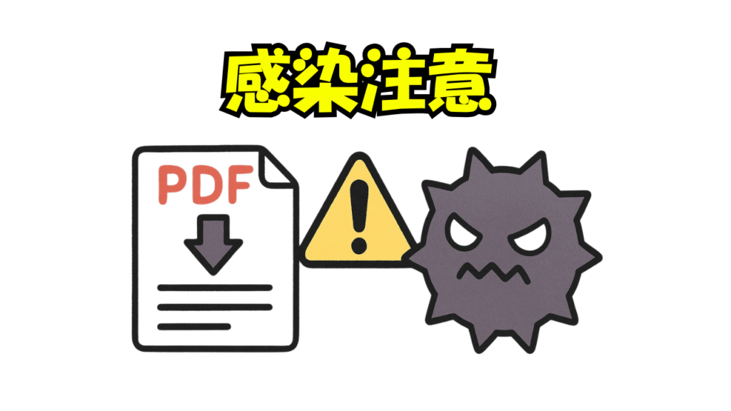 塗り絵のPDFファイルをダウンロードするとウイルスに感染する可能性があると注意するイラスト