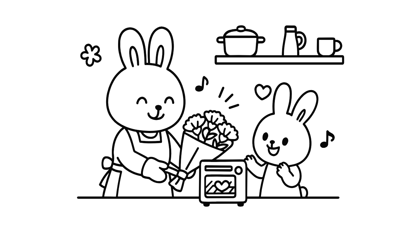 キッチンでありがとう｜うさぎの母の日ぬりえ