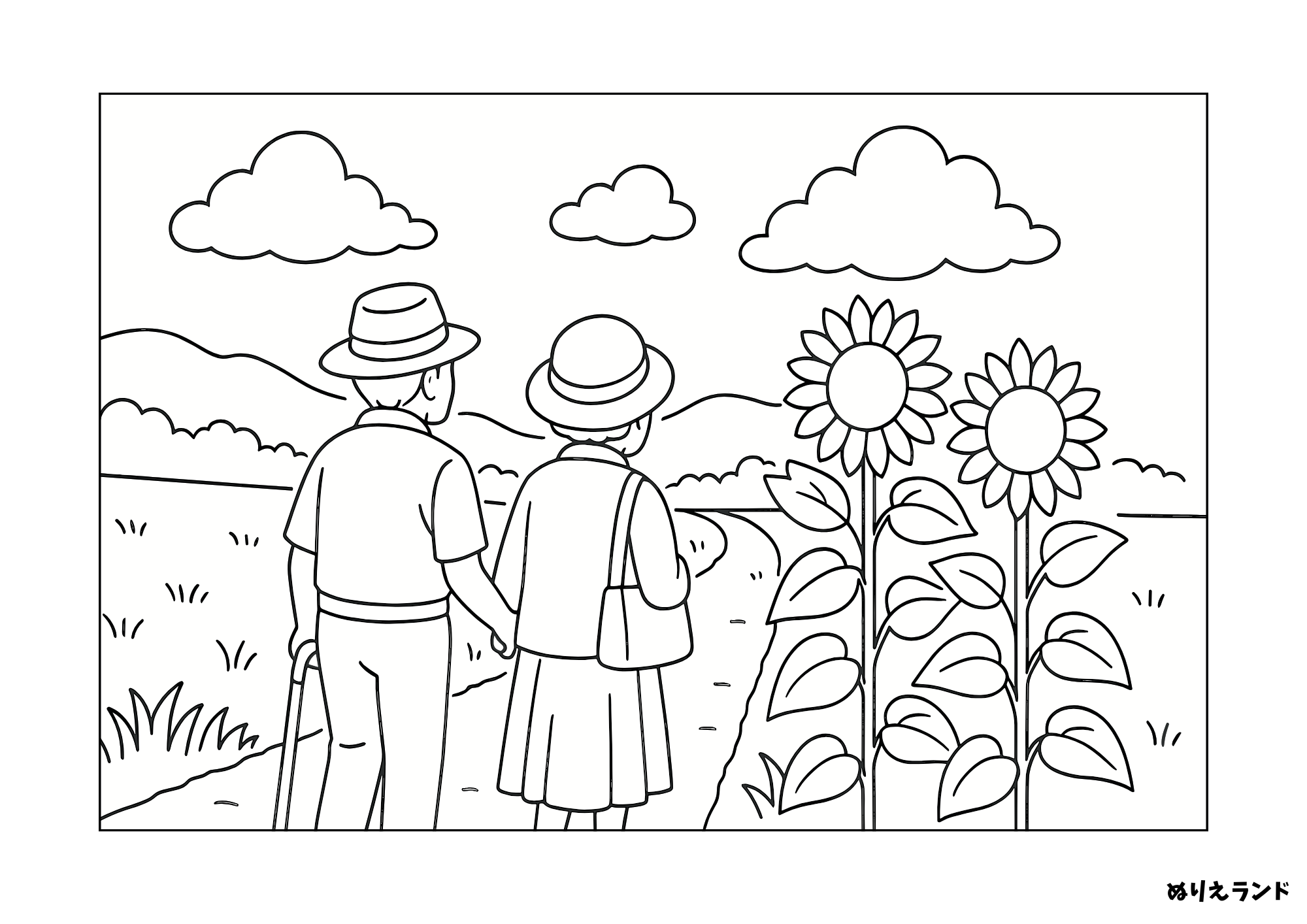 【見本付き】高齢者向け塗り絵|ひまわり畑と老夫婦の夏風景(8月)無料プリント