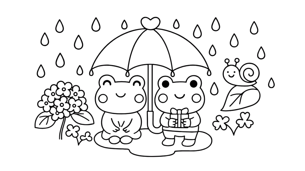 雨の日のカエルぬりえ｜なかよしカップルと梅雨の風景【無料・簡単】