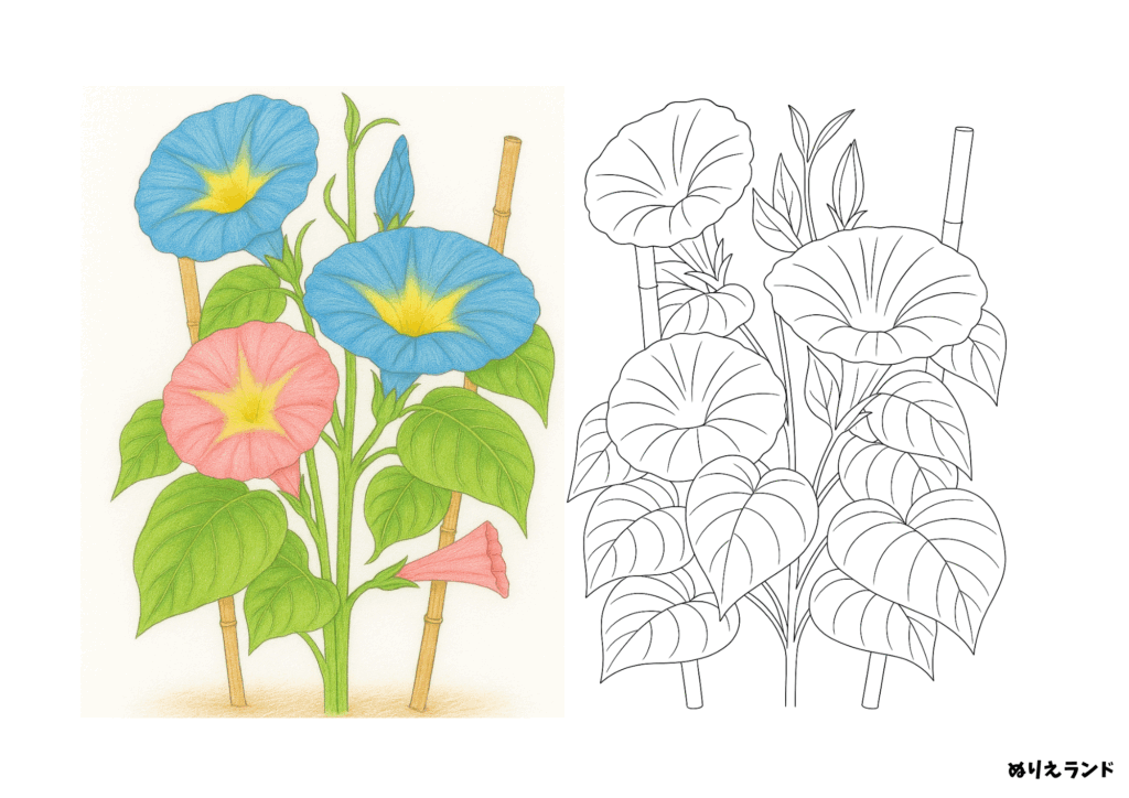朝顔の塗り絵見本付き｜リアルな彩色で高齢者も楽しめる無料素材