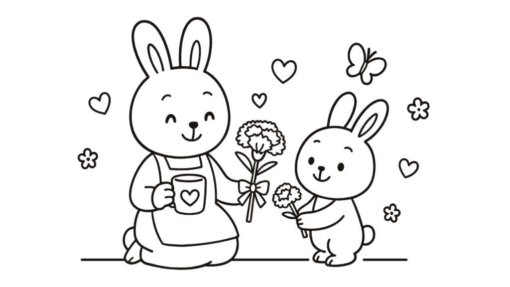 母の日ぬりえ｜うさぎの親子とカーネーションのプレゼント 無料ダウンロードしてプリントしよう
