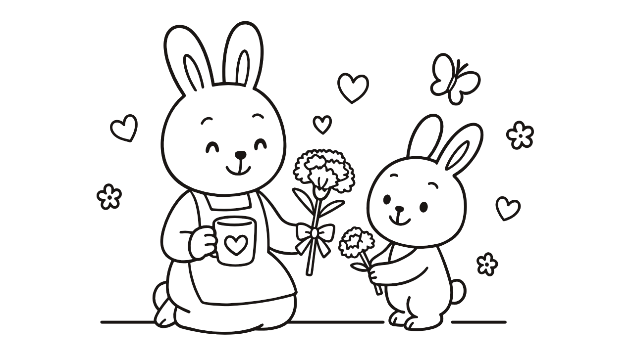 母の日ぬりえ｜うさぎの親子とカーネーションのプレゼント