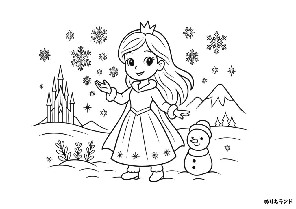 雪のプリンセスと氷のおしろ塗り絵【幼児向け】｜無料ダウンロードOK