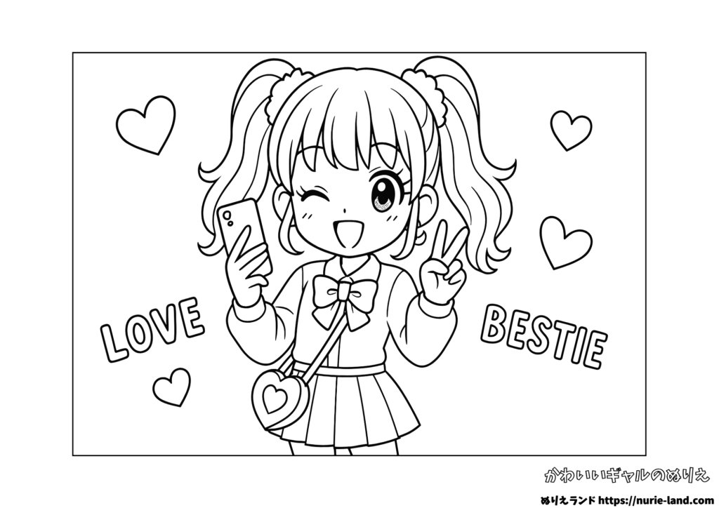 かわいいギャル塗り絵｜小学生向け無料プリント素材【ダウンロードOK】