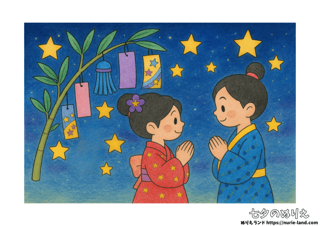 七夕 塗り絵 見本付き｜高齢者向けの無料プリント素材（笹・短冊・織姫彦星）