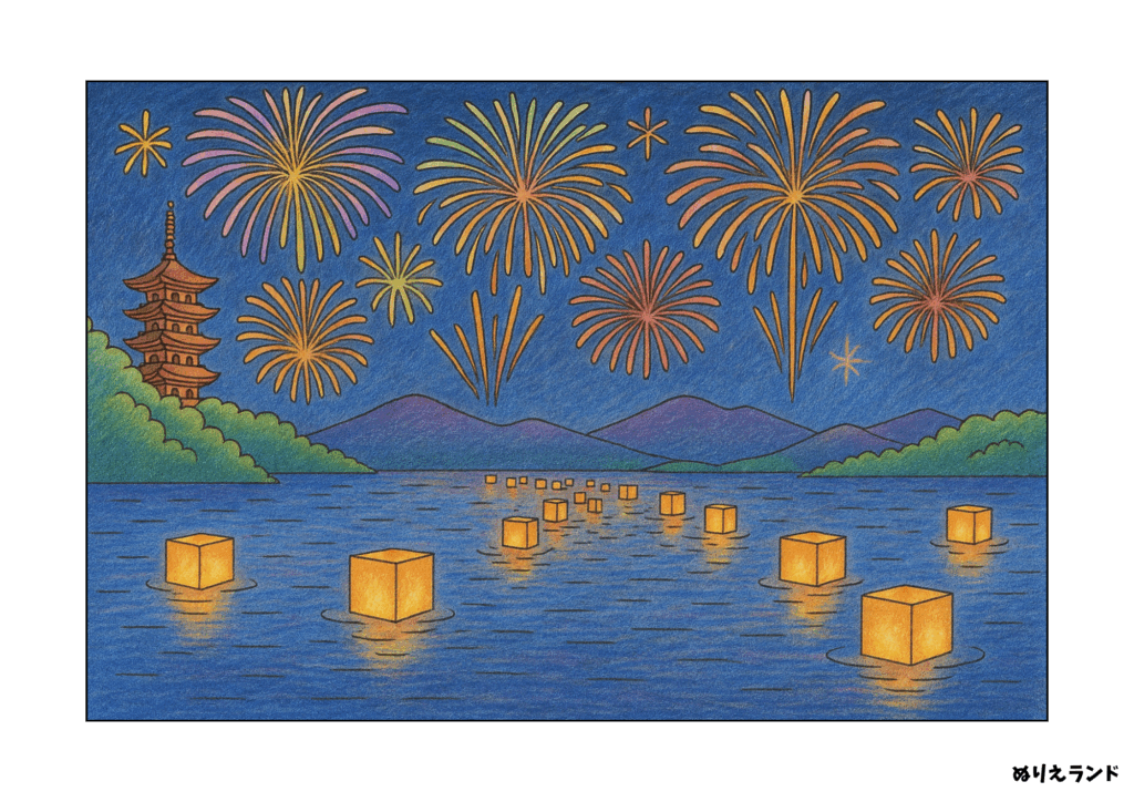 灯籠流しと花火の風景ぬりえ｜高齢者向け無料ダウンロード素材