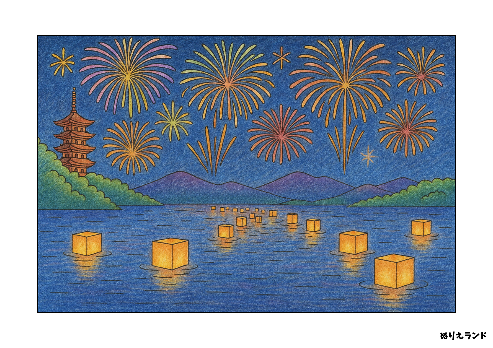 灯籠流しと花火の風景ぬりえ|高齢者向け無料ダウンロード素材