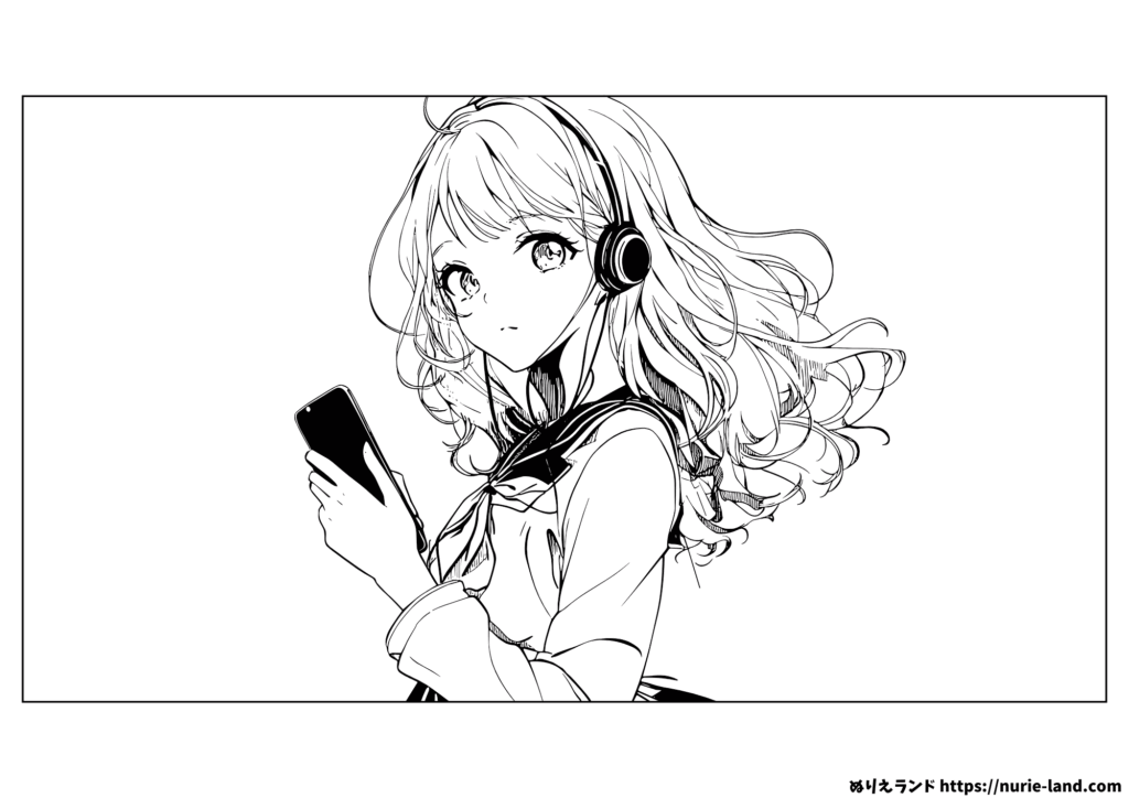 かっこいい女の子の無料塗り絵｜放課後、音楽にふれる少女