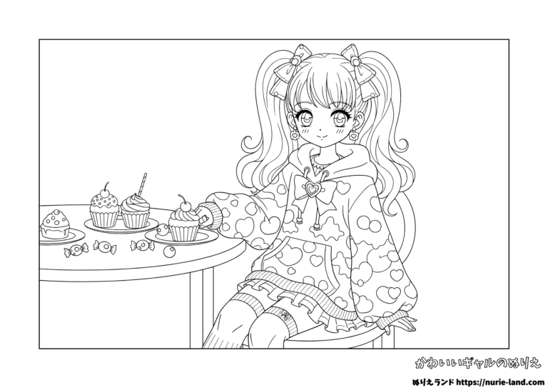 ギャル風女の子のスイーツの塗り絵イラスト