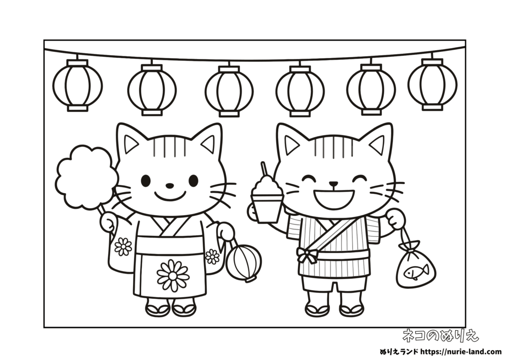 子供向け無料ぬりえ｜金魚やかき氷を楽しむ子猫｜保育園・7月にぴったり