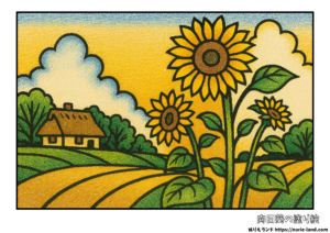 ひまわりの塗り絵｜夏の田舎風景と向日葵を彩ろう｜高齢者向け無料ダウンロード